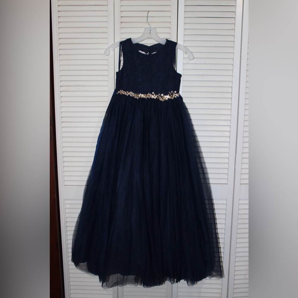 David’s Bridal Navy Blue Kids Dress with Gold Accents Size 8